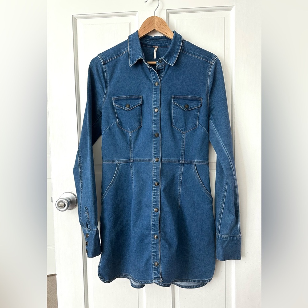 Free People Dynomite Medium Wash Long Sleeve Stretch Denim Mini Dress Size S - Picture 5 of 10